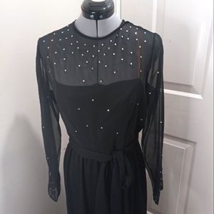 VTG Jack Bryan Black Formal Dress w/Sheer Overlay w/Rhinestones, Maxi Size 14
